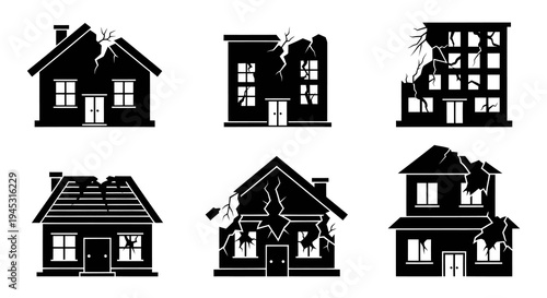 Damaged Houses Icons Set Black and White Glyph Style