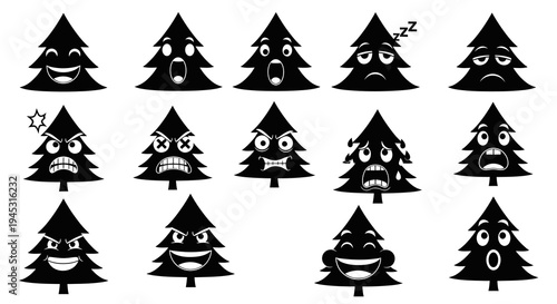 Black Christmas Tree Emoticons Faces Icons Vector Set