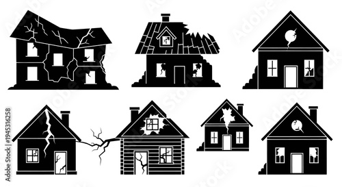 Damaged houses black and white icons, earthquake, disaster, architecture