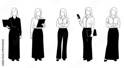 Businesswomen in Black and White Line Art with Laptop and Briefcase