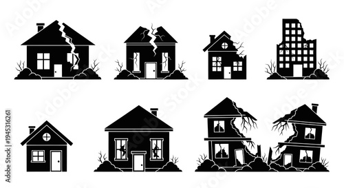 Ruined Houses and Building Icons Black and White Vector Art