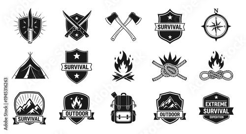 Survival Outdoor Adventure Icons Set, Black  White Vector Emblems