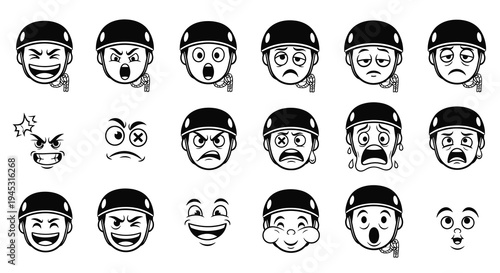 Diverse Facial Expressions in Black and White Line Art Style