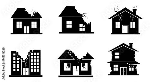Black Icons of Damaged Houses, Disaster, Earthquake, Ruined Buildings