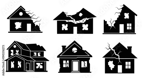 Damaged Houses Icons Set - Black and White Glyph Style
