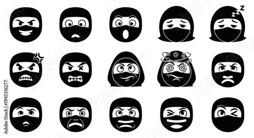 Black  White Ninja Emoticons Set, Expressive Faces Glyph