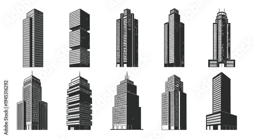 Black and White Line Art of Modern Office Skyscrapers, Architecture