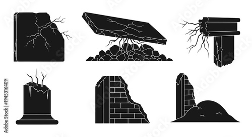 Black Glyph Icons of Ruined Buildings and Destroyed Structures