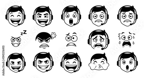 Diverse Emojis  Emoticons for Gaming  Communication - Black and White Line Art