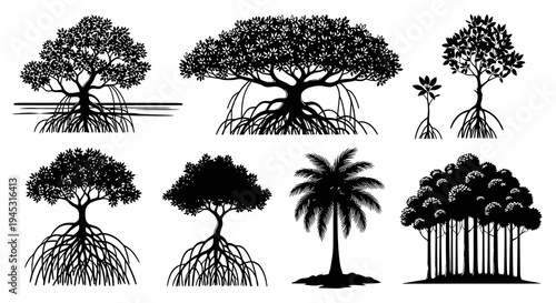 Black and White Silhouette Tree Vector Graphics for Nature and Ecology