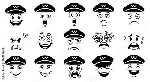 Black and White Taxi Driver Emoticon Set in Line Art Style