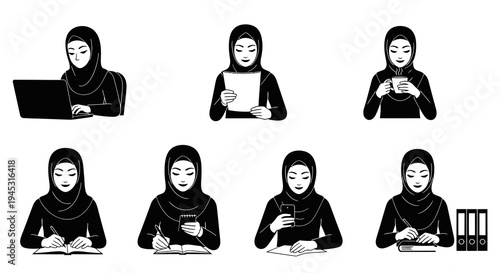 Black  White Icons of Muslim Woman in Hijab Studying and Working