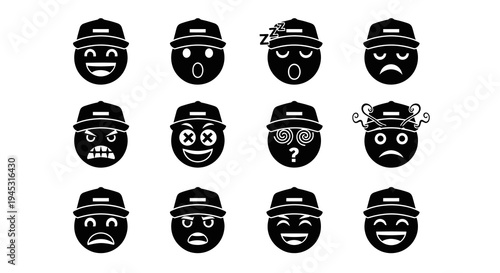 Black  White Glyph Icons: Baseball Cap Emojis - Diverse Emotions