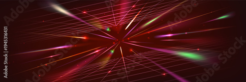 Neon light wireframe tunnel with laser beams flare and perspective, abstract vector background. Digital blue rays with speed effect in cyber space with glowing light trails