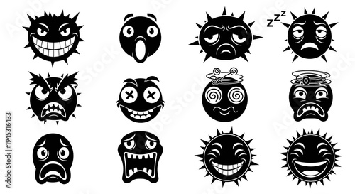 Black and White Spiky and Round Monster Faces Icons