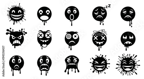 Black  White Dripping Emoji Icons - Sad, Scared, Happy, Crazy Faces