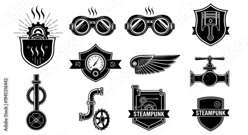 Steampunk Icons Set: Gears, Goggles, Wings, Piston, Valve, Pipe
