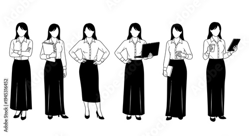 Black and White Line Art of Businesswomen in Various Poses