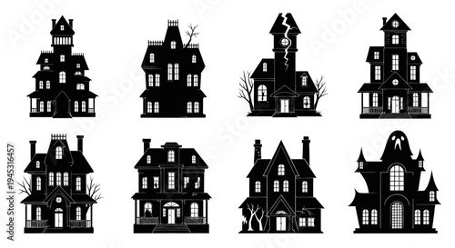 Spooky Haunted Houses Silhouette - Halloween Vector Art