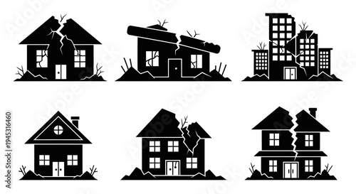 Damaged houses and buildings icon set, black and white glyph style
