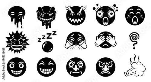 Black  White Emoji Emoticons Set, Vector Stock Icons
