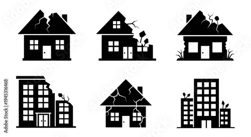 Black Icons Set Damaged Houses Buildings Earthquake Disaster Vector