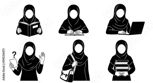 Black and White Islamic Women Studying and Working Icons