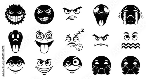 Black  White Emoji Faces Vector Art - Expressive Emotions Set