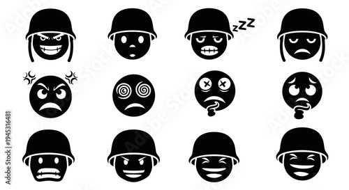Black  White Soldier Emojis: Angry, Sad, Dizzy, Sleepy Faces