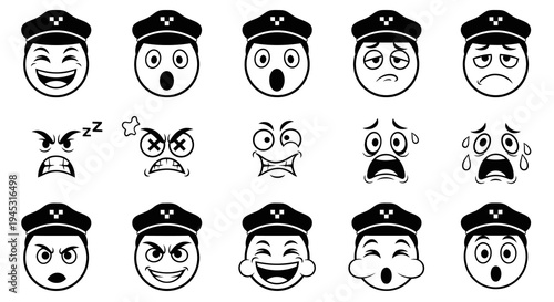 Black and White Line Art Taxi Driver Emoticons Set
