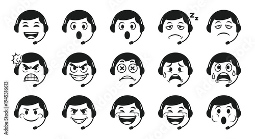 Black and White Icon Set of Customer Service Call Center Faces with Headsets