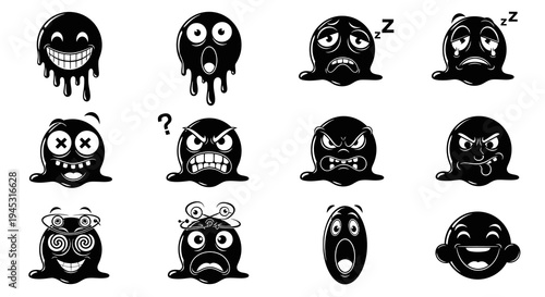 Black Blob Emoticons with Various Emotions, Glyph Art Style