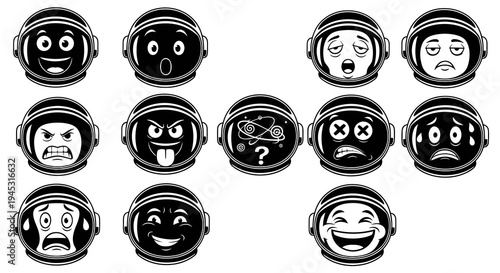 Black and white astronaut helmet emojis with different expressions, vector art
