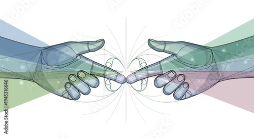 Abstract illustration of two hands touching digitally with white background