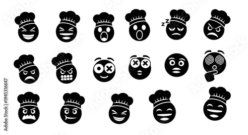 Chef Emoticons Icons Set, Food Industry, Black and White Glyph