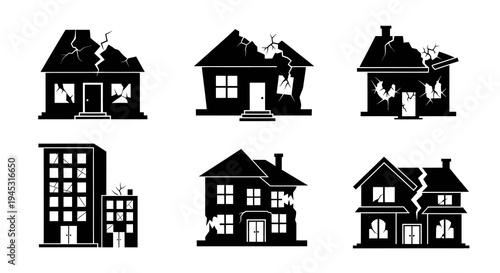 Damaged buildings icons, black and white glyphs of disaster homes