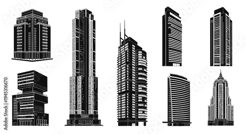 Black and White Line Art of Diverse Skyscrapers