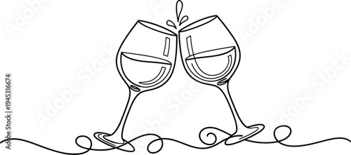 Continuous one line drawing of two wine glasses clinking for toast celebration wedding party anniversary and romantic dinner date concept