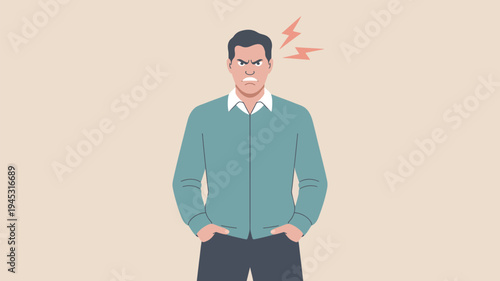 An angry cartoon man with his hands in his pockets and lightning bolts above his head expressing frustration and anger.