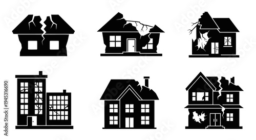Damaged Houses Icons Set Black And White Building Damage Icons