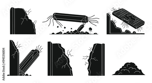 Black and White Glyph Icons of Destroyed Buildings and Debris