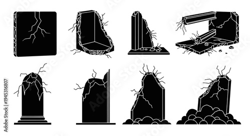 Black  White Glyph Art of Broken Stone Monuments and Ruins