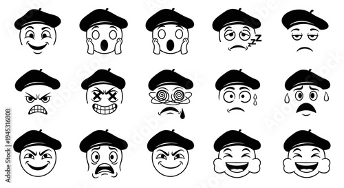 Black and White Line Art Emojis with Berets: Emotions and Expressions