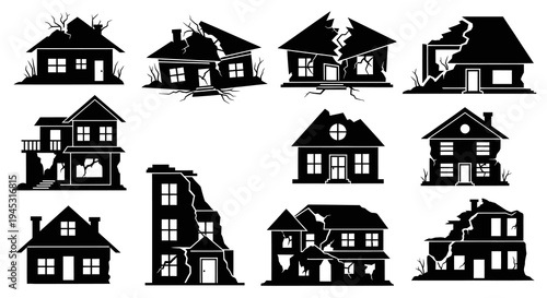 Black  White Icons of Damaged Houses, Vector Stock Art