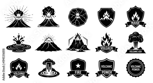 Black  White Volcano Icons Set, Nature Power and Energy Symbols