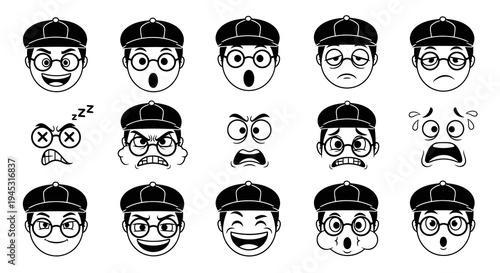 Black and White Cartoon Faces with Different Emotions and Hats