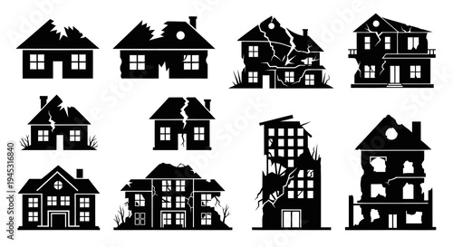 Set of Damaged Houses Icons in Black and White Glyph Style