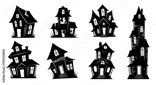 Spooky Haunted House Silhouettes Halloween Vector Art Black White Icons