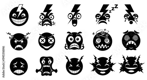 Black and White Emoji Icons with Lightning Bolts: Anger, Sadness, and Surprise