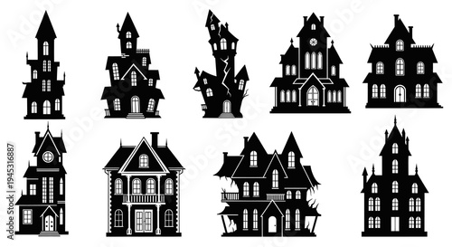 Spooky Haunted House Silhouettes, Halloween Black  White Glyph Icons